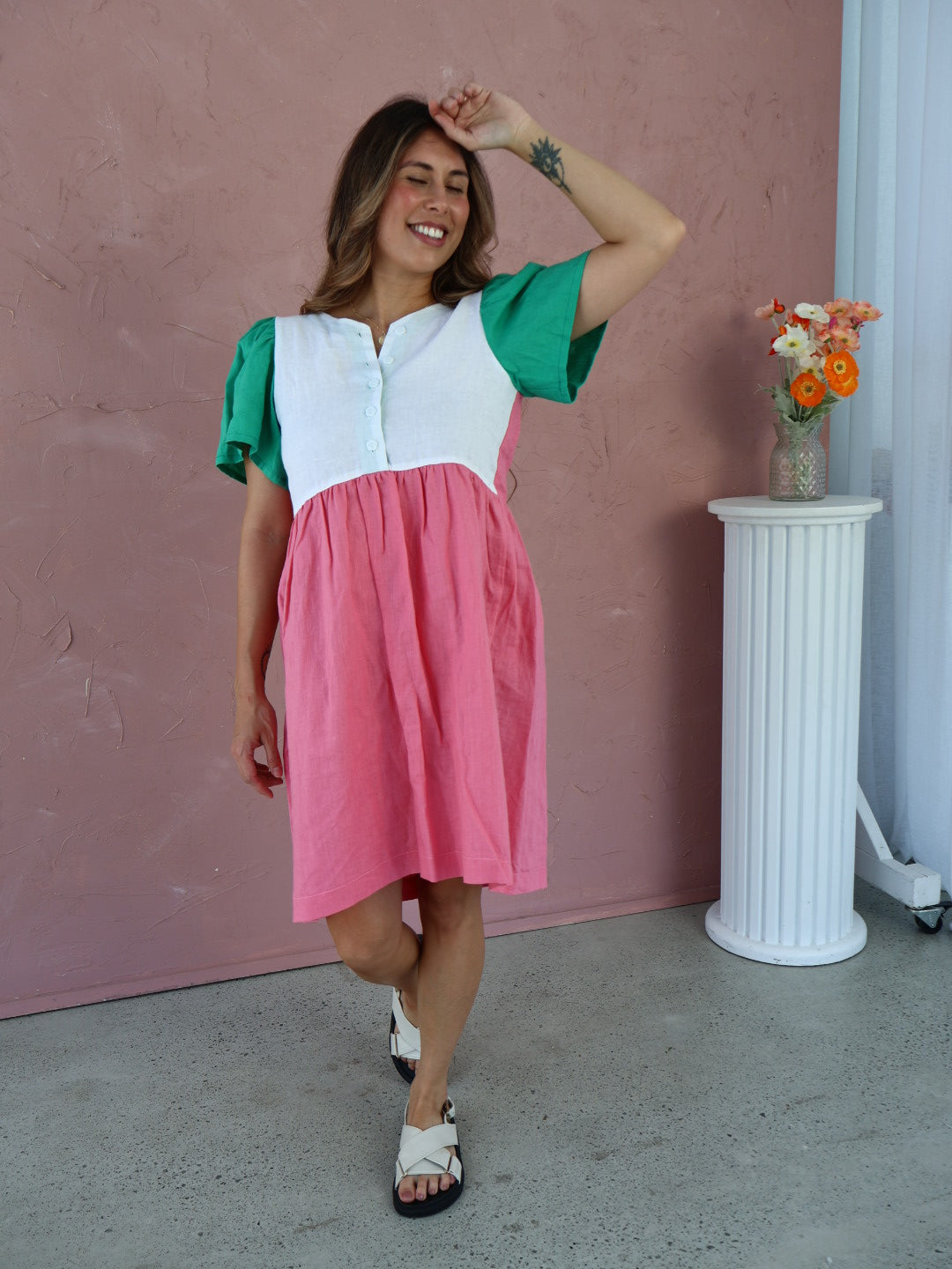The Ella Dress - Pink + Green Linen