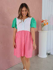 The Ella Dress - Pink + Green Linen