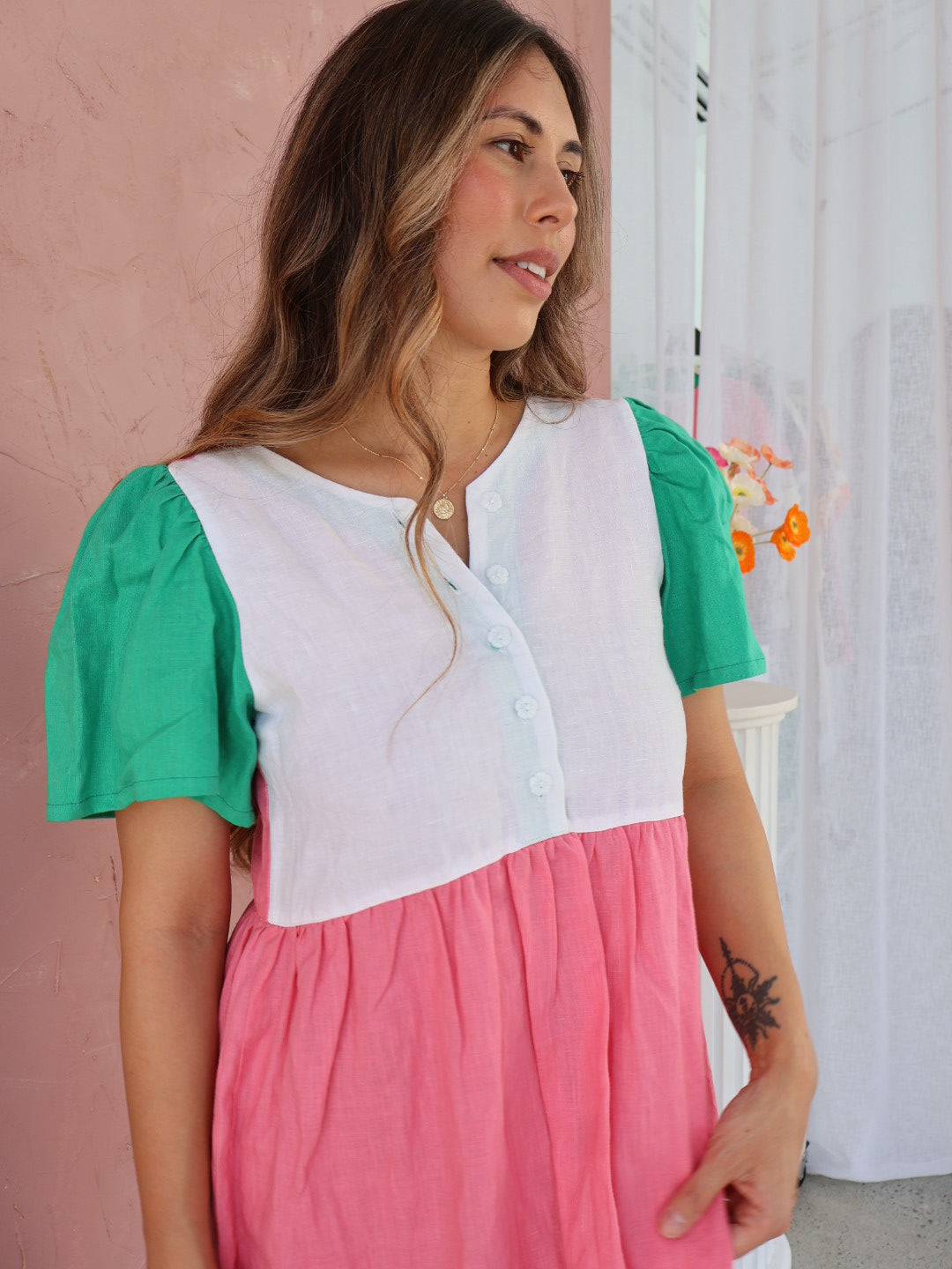 The Ella Dress - Pink + Green Linen