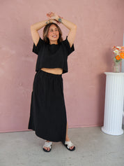 Summer Side Spilt Skirt - Black Linen