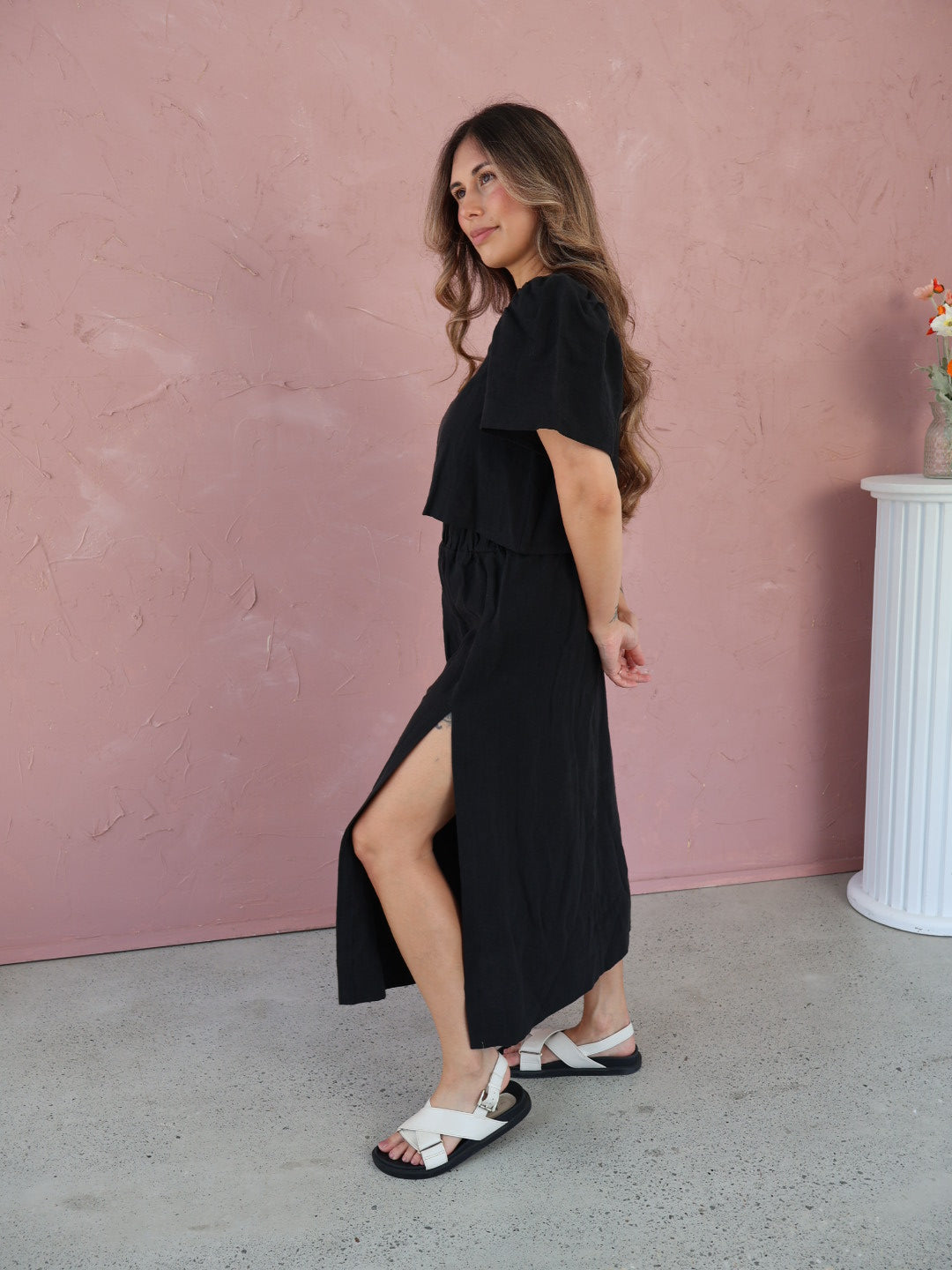 Summer Side Spilt Skirt - Black Linen
