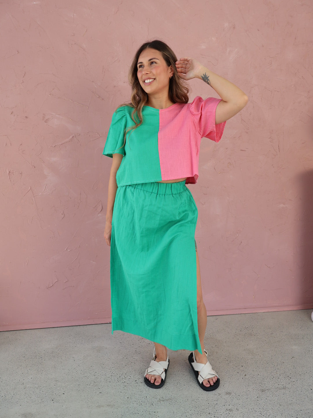 Summer Side Spilt Skirt - Emerald Green Linen