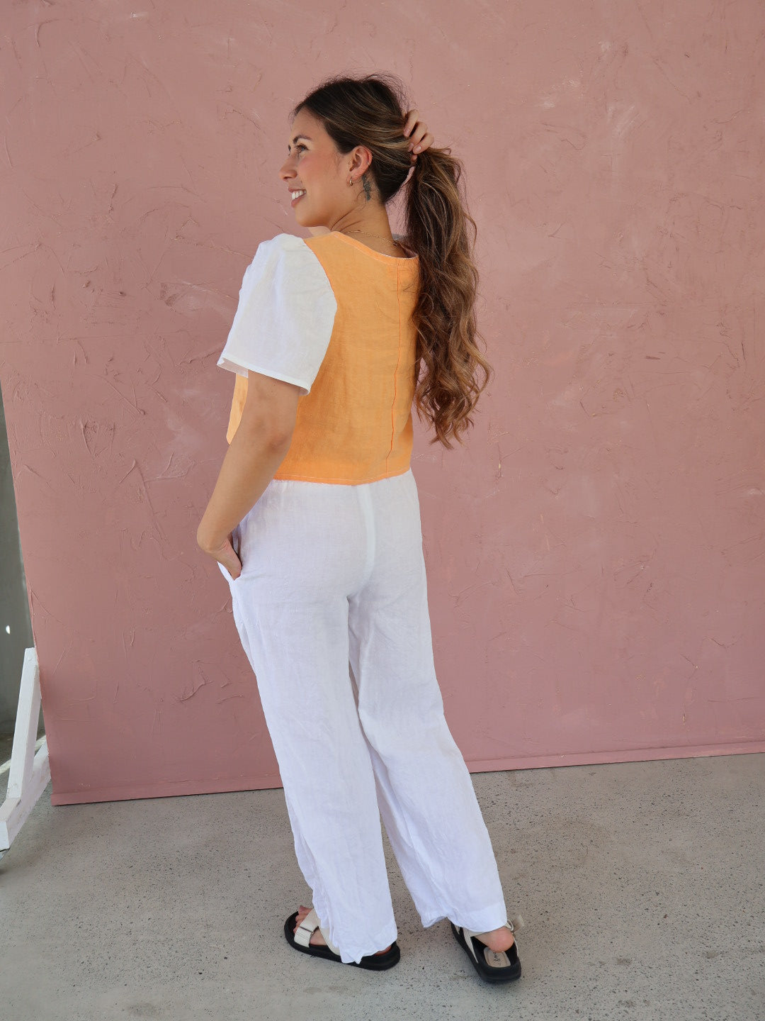 Everyday Linen Tee - Sherbet Orange and White
