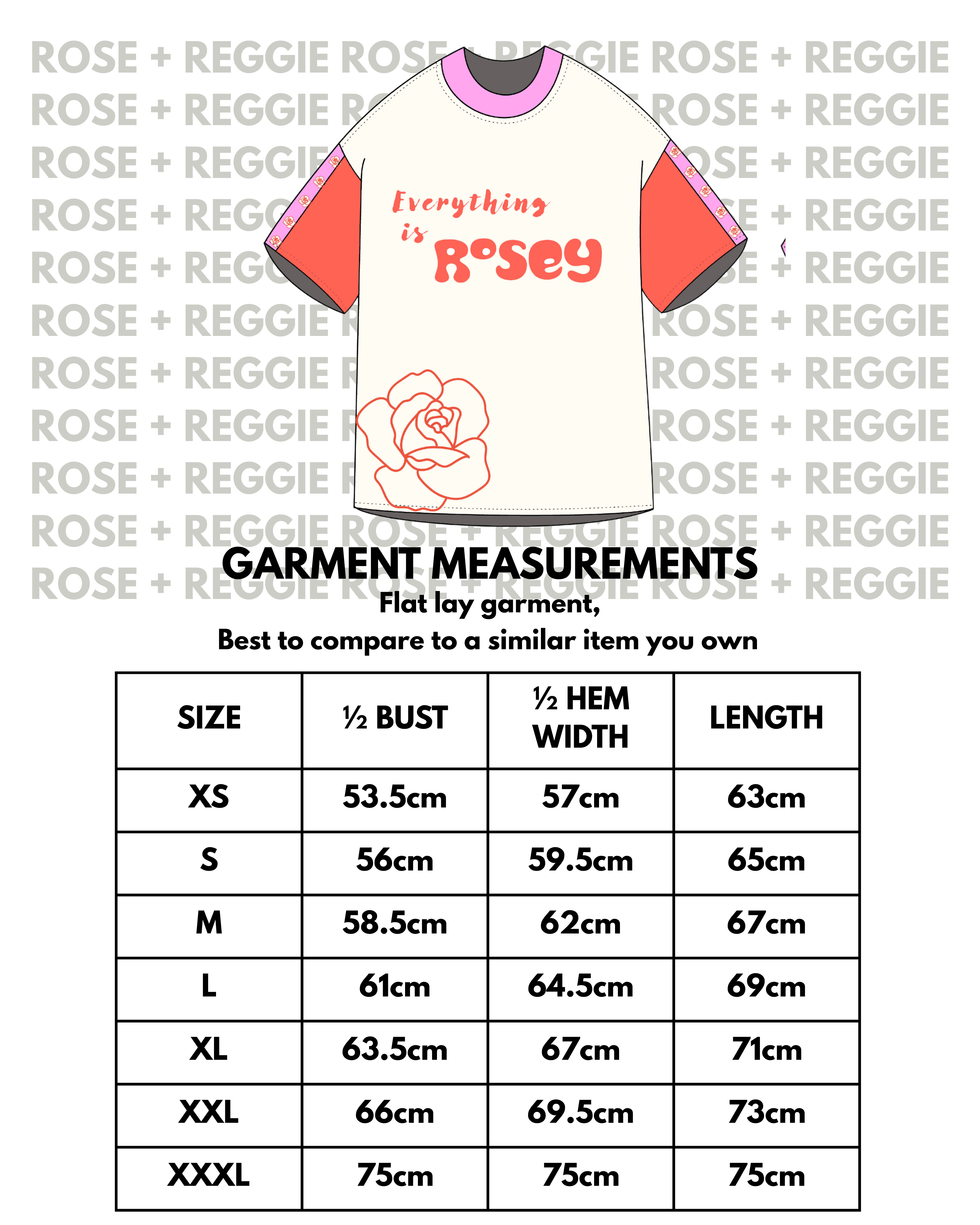 T-shirt with 'Everything is Rosy' text and rose graphic, size chart below on a white background.