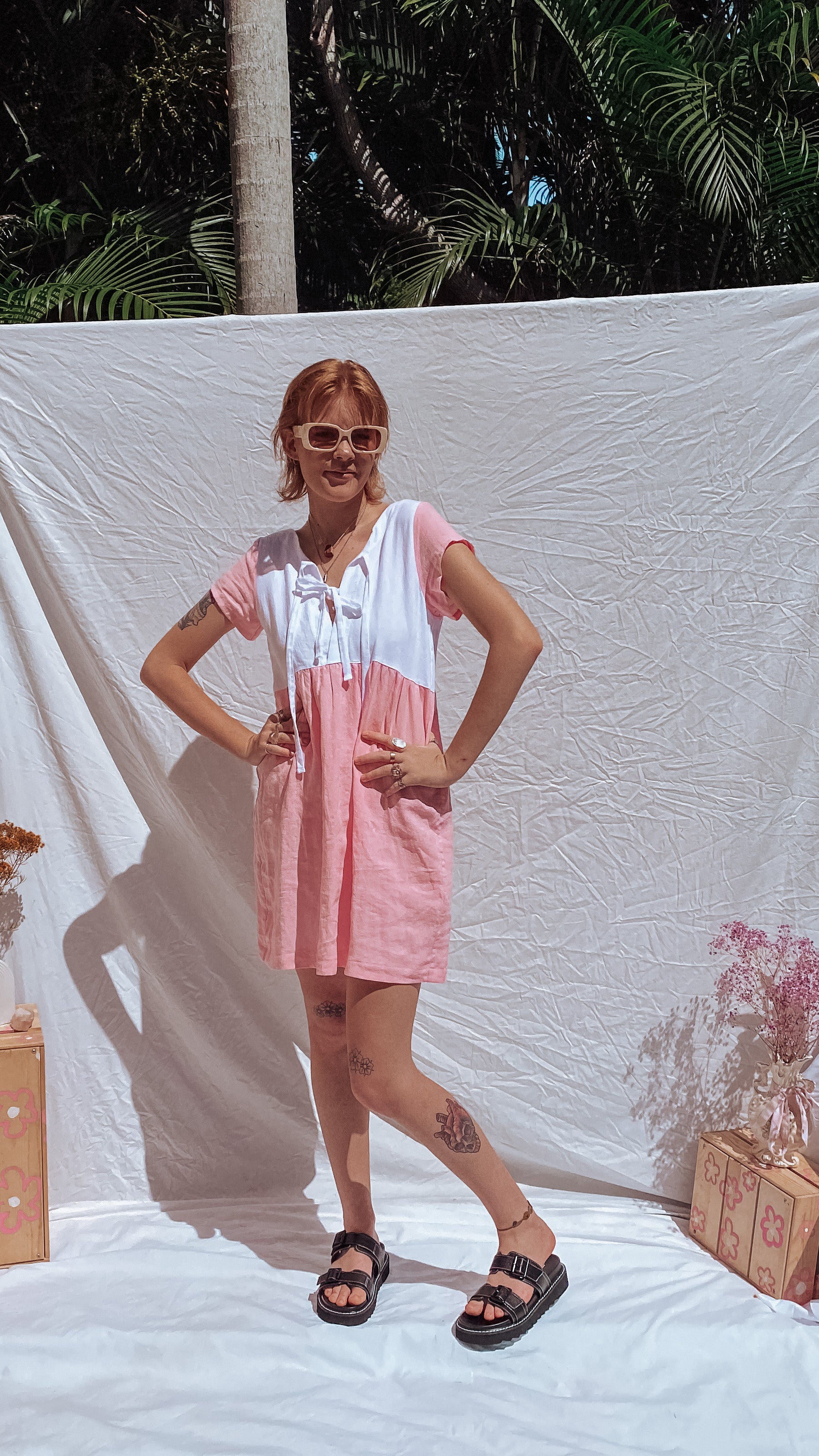 Lara Tie Dress - White and Bubblegum Linen