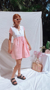 Lara Tie Dress - White and Bubblegum Linen