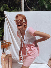 Lara Tie Dress - White and Bubblegum Linen