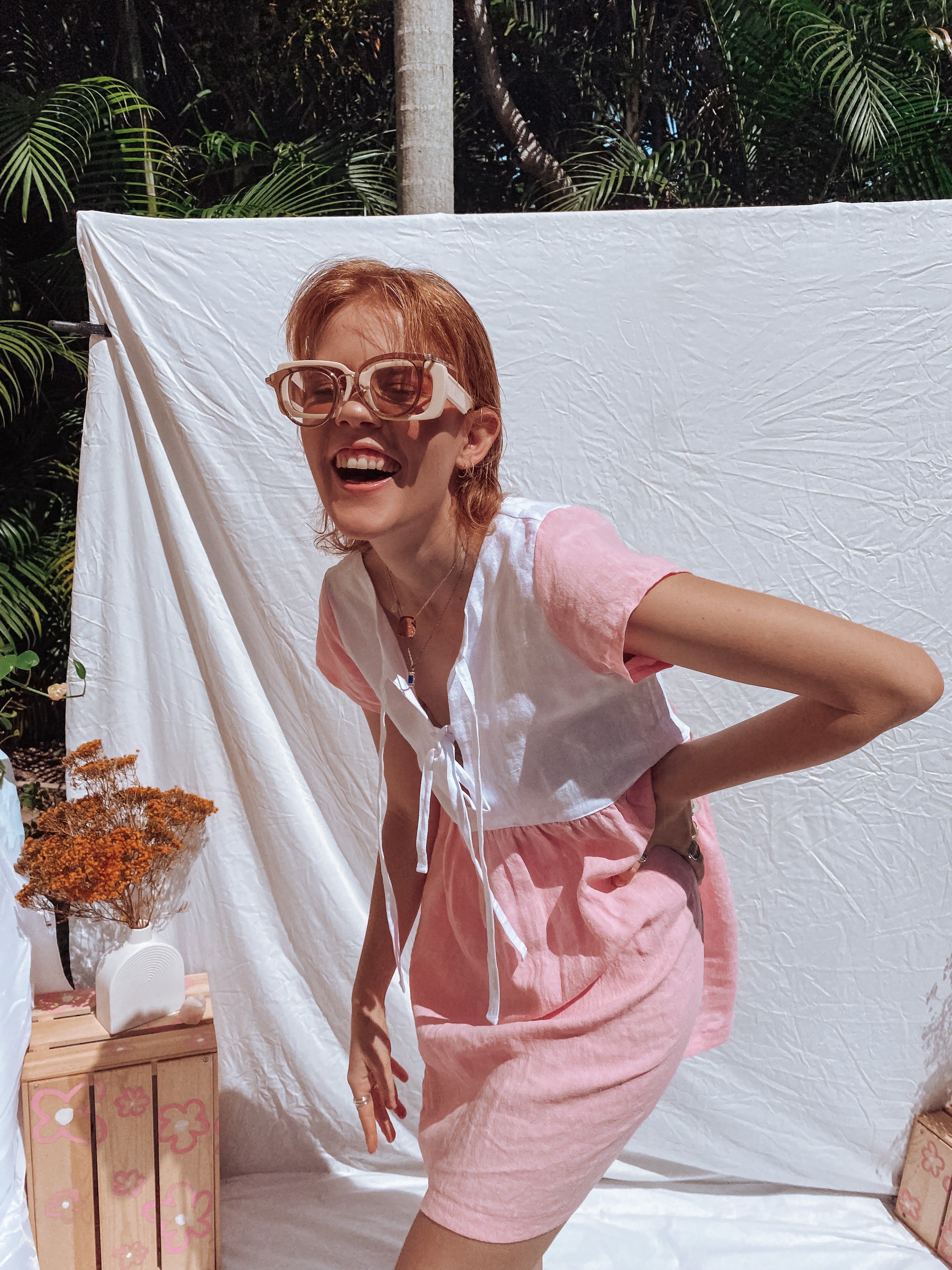 Lara Tie Dress - White and Bubblegum Linen